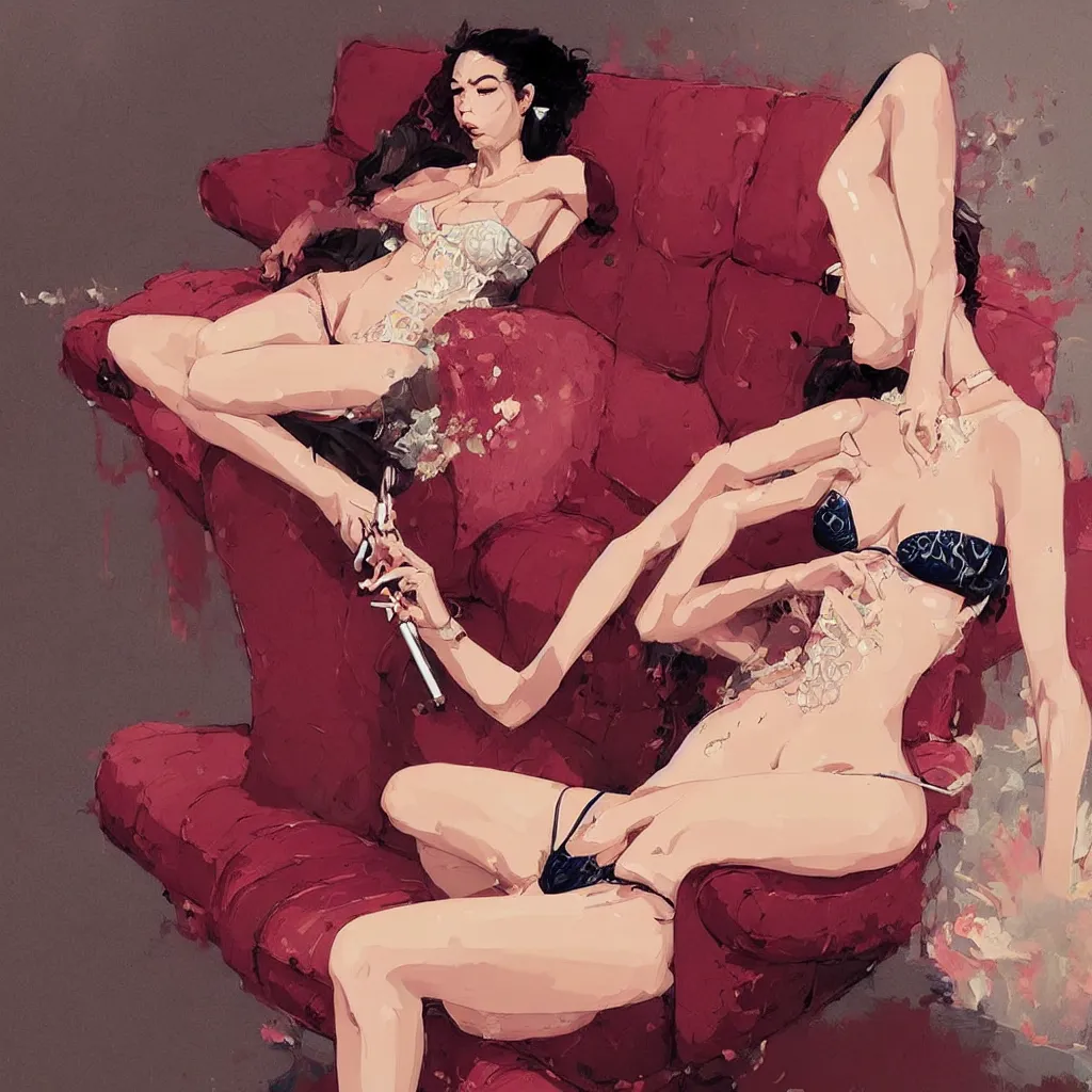 Prompt: ultra - detailed beautiful painting - portrait of a stylish woman sitting on a sofa in lingerie and with a cigar by conrad roset, greg rutkowski and makoto shinkai trending on artstation