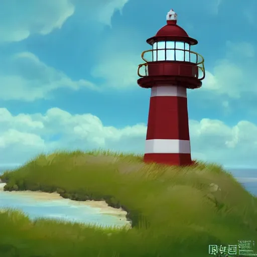 Image similar to beautiful cute cozy little lighthouse by the sea, puffy clouds, style of hayao miyazaki, digital art trending on artstation