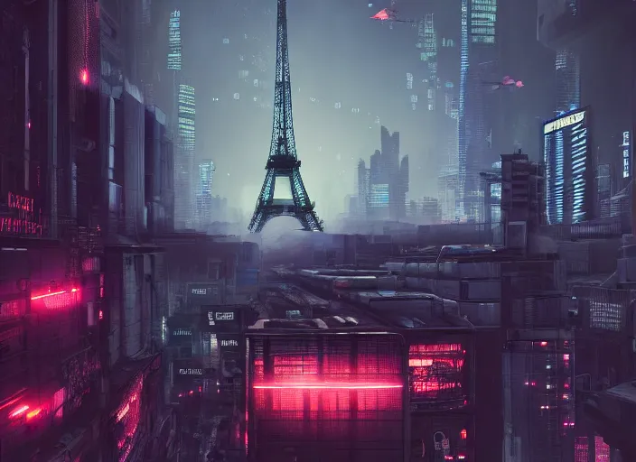 Image similar to cyberpunk scifi scene of paris at night, scifi drones in the sky, artstation, matt painting, very detailed, maximalism, ambient occlusion, volumetric light, atmospheric haze, unreal engine, hyper realism, realistic shading, cinematic composition, realistic render, octane render, detailed textures, photorealistic, wide shot