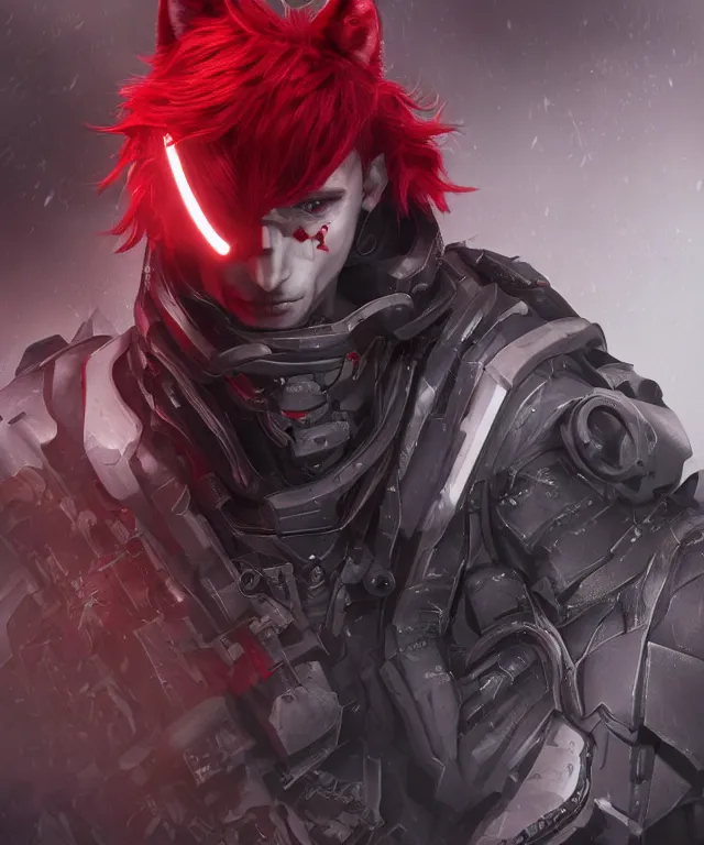 Prompt: portrait of a male anthropomorphic dark gray wolf with red hair in a futuristic city, hyper detailed, digital art, trending in artstation, cinematic lighting, studio quality, smooth render, unreal engine 5 rendered, octane rendered, art style by pixar dreamworks warner bros disney riot games and overwatch.