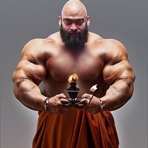 Prompt: bodybuilder bull wearing a monk robes holding incense burner. natural lighting by ruan jia, portrait