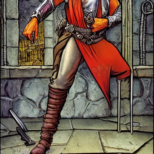 Image similar to portrait of a sly rogue, illustration by larry elmore, michael wellen, in a medieval city