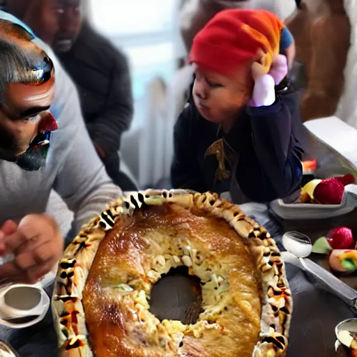 Image similar to bald kanye west eating apple pie on thanksgiving