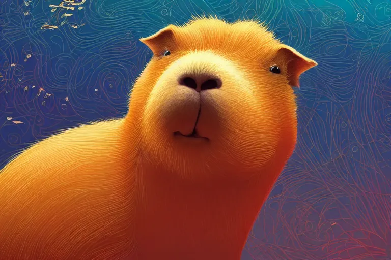 Prompt: Adorably cute portrait of a Capybara, artstation winner by Victo Ngai, Kilian Eng and by Jake Parker, swirly vibrant color lines, winning-award masterpiece, fantastically gaudy, aesthetic octane render, 8K HD Resolution