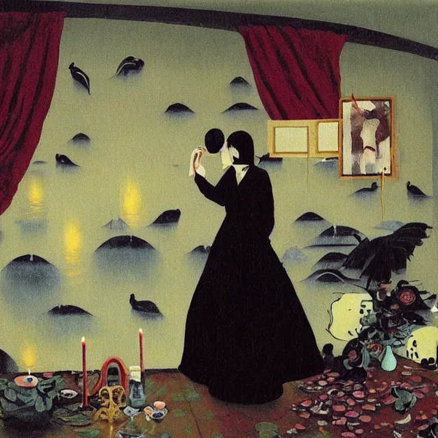 Image similar to tall female emo artist holding a skull in her flooded apartment, pomegranates, octopus, water gushing from ceiling, painting of flood waters inside an artist's apartment, a river flooding indoors, candles, ikebana, zen, rapids, waterfall, black swans, canoe, berries, acrylic on canvas, surrealist, by magritte and monet