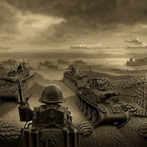 Prompt: the the D day WW2 in roblox, photo from 1940s, very detailed, fantasy, dramatic, intricate, elegant, highly detailed, digital painting, artstation, concept art, smooth, sharp focus, illustration, art by Gustave Dore, octane render