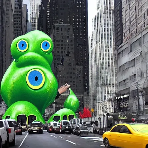 Image similar to huge slime monsters with one eye attacks new york