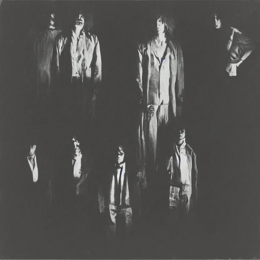 Image similar to a few men standing next to each other in a dark room, an album cover by Syd Barrett, pinterest, mannerism, antichrist, top lighting, 1970s