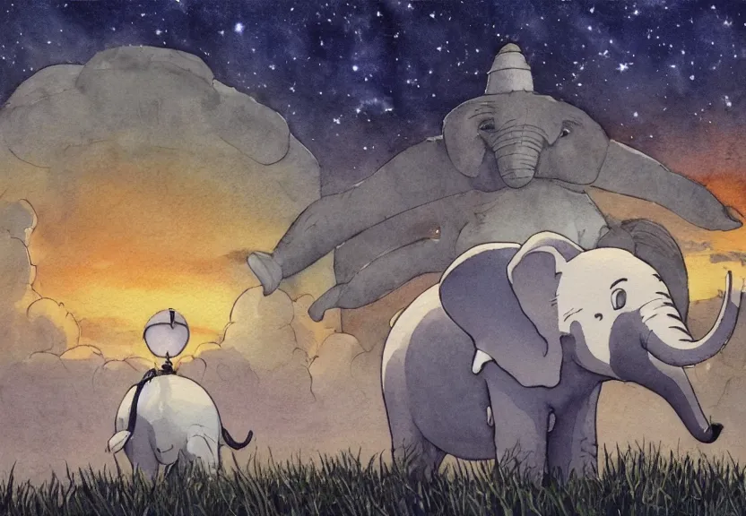 Image similar to a hyperrealist watercolor concept art from a studio ghibli film showing a giant grey dumbo the elephant. a hindu temple is under construction in the background in india on a misty and starry night. by studio ghibli. very dull muted colors