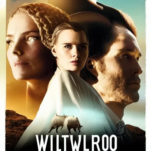 Prompt: poster of westworld tv series with two furries in the foreground looking at each other lovingly