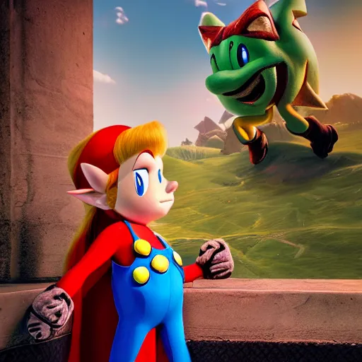 Image similar to A hyper real comic book style portait painting of Zelda the princess meeting Super Mario and Sonic, unreal 5, hyperrealistic, octane render, cosplay, RPG portrait, dynamic lighting