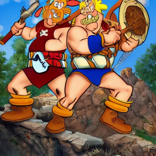 Image similar to picture of asterix and obelix by an american comics author, digital art, award winning, trending on artstation
