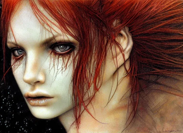 Image similar to award winning face close up portrait of a redhead in a park by luis royo and eyes by hr giger