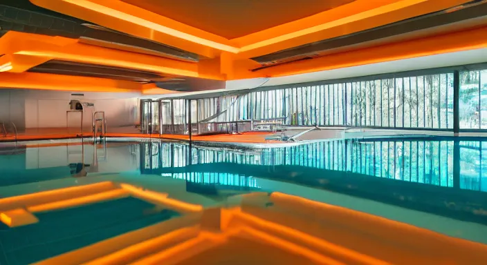 Prompt: 35mm photo of a indoor pool, gorgeous interior design, salmon colors, extreme temperature-interior-lighting, buildings-view, gorgeous-design, peaceful, style of Philippe Starck, 4k, professional photography, wide-perspective, grand-composition, concept-art, highly-detailed, sublime, dramatic, cinematic