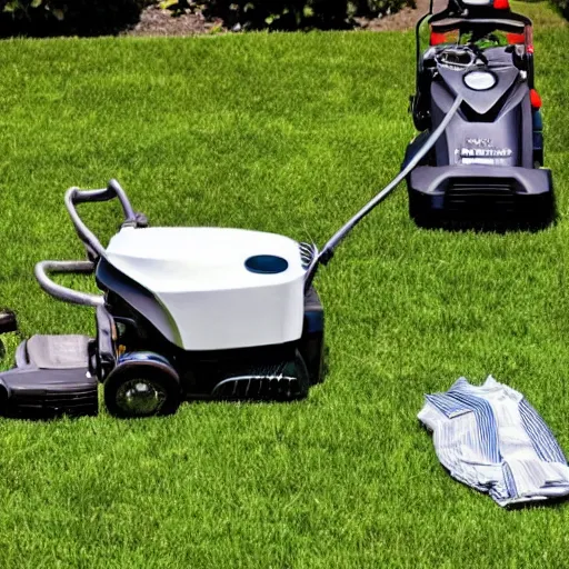 Prompt: a lawn made of laundry and a lawnmower