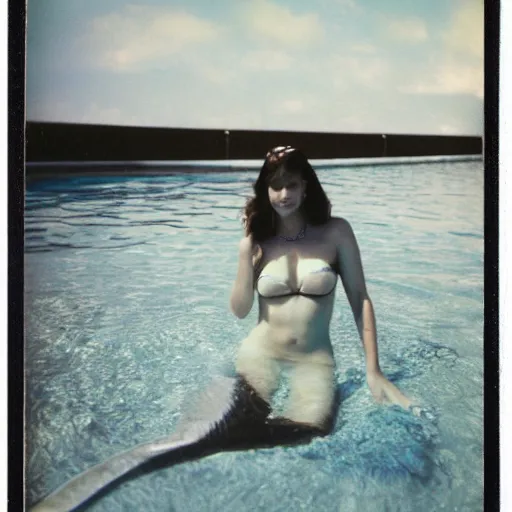 Image similar to Polaroid photo of a mermaid in a public pool