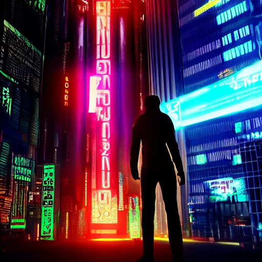 Prompt: text above HUMANITY ZERO, scene from blade runner where man standing near holographic girl, high detail, 8k, unreal engine 5 render, cyberpunk poster, neon art - n 9 g