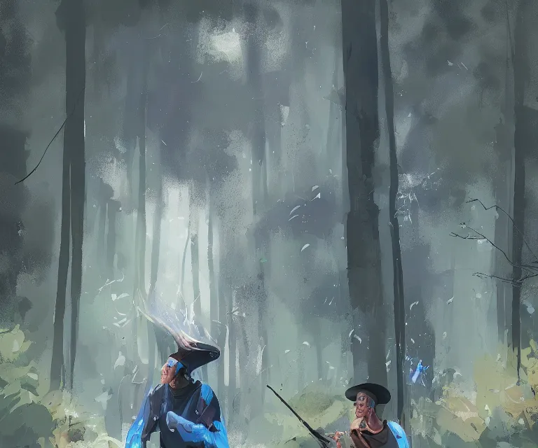 Image similar to painting portrait of a young bald blue - skinned wizard in a forest, by ismail inceoglu