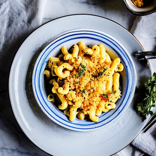 Prompt: A delicious bowl of mac and cheese on a plate, garnish, bread crumbs, food photography, michelin star