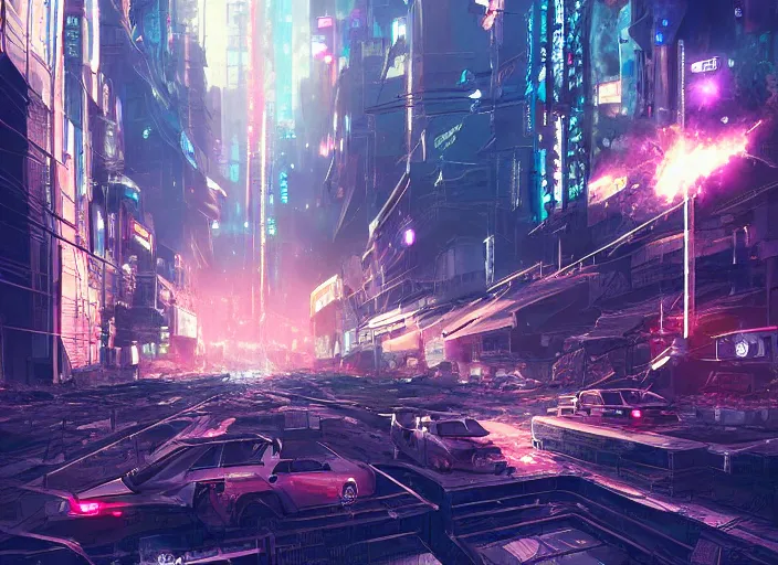 Image similar to meteorite hitting a cyberpunk city at night by wlop, key visual, high detail, digital art