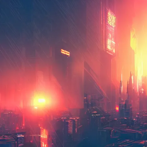 Image similar to cyberpunk city, sunrise, landscape, intricate, detailed, volumetric lighting, scenery, photorealistic, highly detailed, sharp focus, neonlights, 2 0 7 7, blade runner, digital painting, artstation