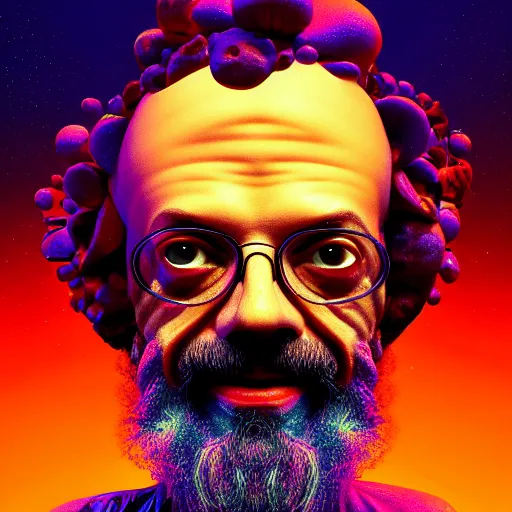 Image similar to terence McKenna full body with psychedelic mushrooms, psychedelic, fractal, Claymorphism, cinematic lighting, dramatic, octane render, full body, trending on artstation, perfect facial symmetry, bokeh, 8k, intricate, hyper detailed