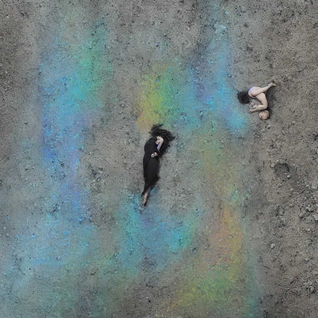 Prompt: overhead view of iridiscent oil slick and eroded stones with a woman's connected by a transparent pipe to a baby buried, faded, gradient, depth of field, ultra realistic, very detailed, glitch, by nadav kander, 8 k hyper realistic detailed cinematic