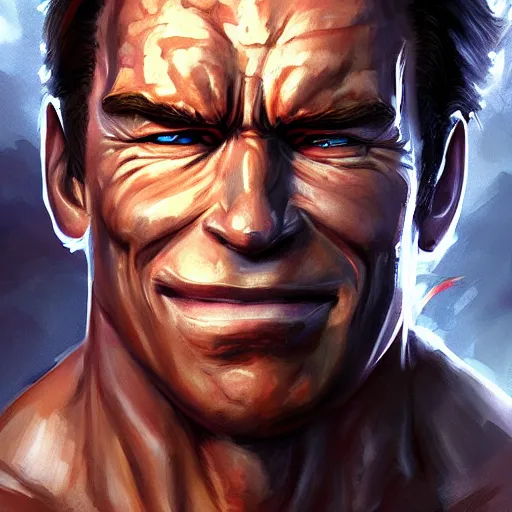 Image similar to Portrait of Schwarzenegger as a character of One Piece, mattepainting concept Blizzard pixar maya engine on stylized background splash comics global illumination lighting artstation samwise didier, rossdraws