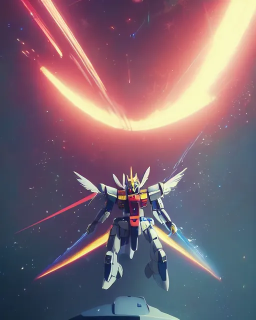 Image similar to highly detailed vfx portrait of a gundam with wings of feathers beam saber fighting in space with a beam gun, unreal engine, greg rutkowski, loish, rhads, beeple, makoto shinkai and lois van baarle, ilya kuvshinov, rossdraws, tom bagshaw, alphonse mucha, global illumination, detailed and intricate environment