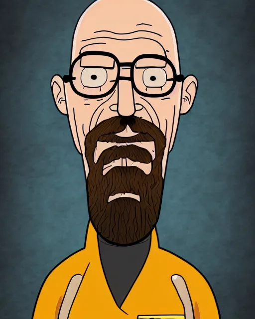 Image similar to portrait of walter white in the style of justin roiland. heisenberg from breaking bad. cinematic lighting. style of rick & morty. photographic, photography. by justin roiland