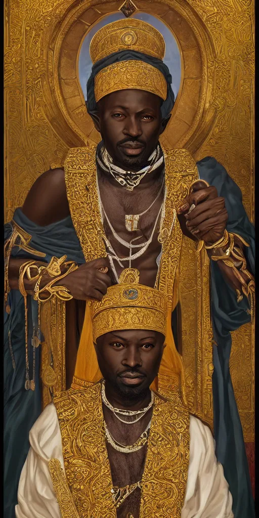 Image similar to a stunning and noble highly detailed romantic period style portrait of Mansa Musa by Josep Tapiró Baró, trending on artstation, oil painting masterpiece, symmetry, fractals, African iconography