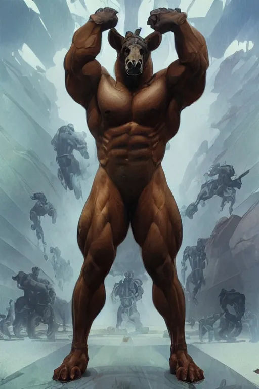 Image similar to a monstrously buff anthro horse whose physique is bursting with muscle wearing a tight high - tech combat bodysuit, full body, sci - fi, highly detailed, digital painting, artstation, concept art, sharp focus, illustration, art by artgerm and greg rutkowski and alphonse mucha