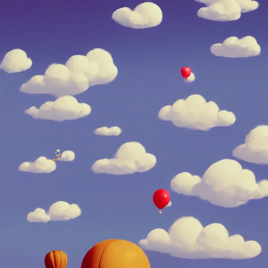 Prompt: Goro Fujita illustrating A balloon streaking across the sky and through the fluffy clouds of a sky full of blue contrasts., art by Goro Fujita, concept art, sharp focus, ArtStation