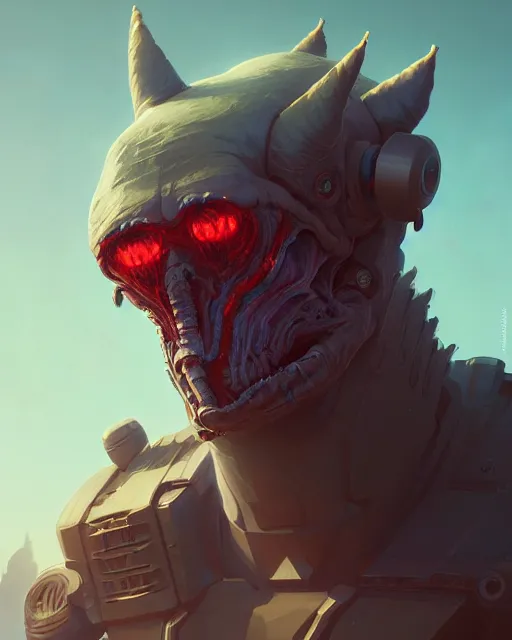 Image similar to highly detailed vfx portrait of a character of a monster robot, stephen bliss, unrealengine, greg rutkowski, loish, rhads, beeple, makoto shinkai and lois van baarle, ilya kuvshinov, rossdraws, tom bagshaw,