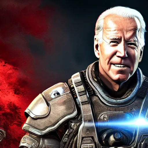 Image similar to Photo portrait of Joe Biden in Gears of War, splash art, movie still, detailed face, photorealistic facial features, cinematic lighting, dramatic, octane render, long lens, shallow depth of field, bokeh, anamorphic lens flare, 8k, hyper detailed, 35mm film grain