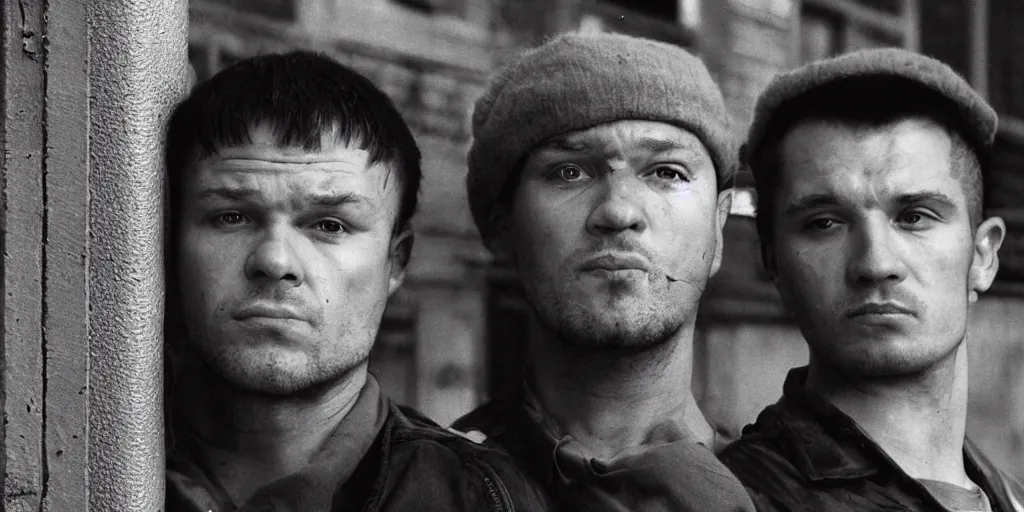 Image similar to close view headshot portrait of alexandr zembatov and mikhail alontsev, tall and small, posing on a street in gangsta comedy of 1990s, movie shot, Lock, Stock and Two Smoking Barrels