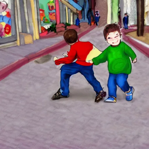 Image similar to digital art, possessed toddler attacking people on the sidewalk, award winning, high quality