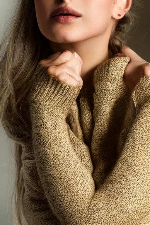 Prompt: olive skinned female model in her thirties, wearing sweater, focused on neck, photo realistic, extreme detail skin, natural beauty, no filter, slr, golden hour, 4 k, high definition, selfie