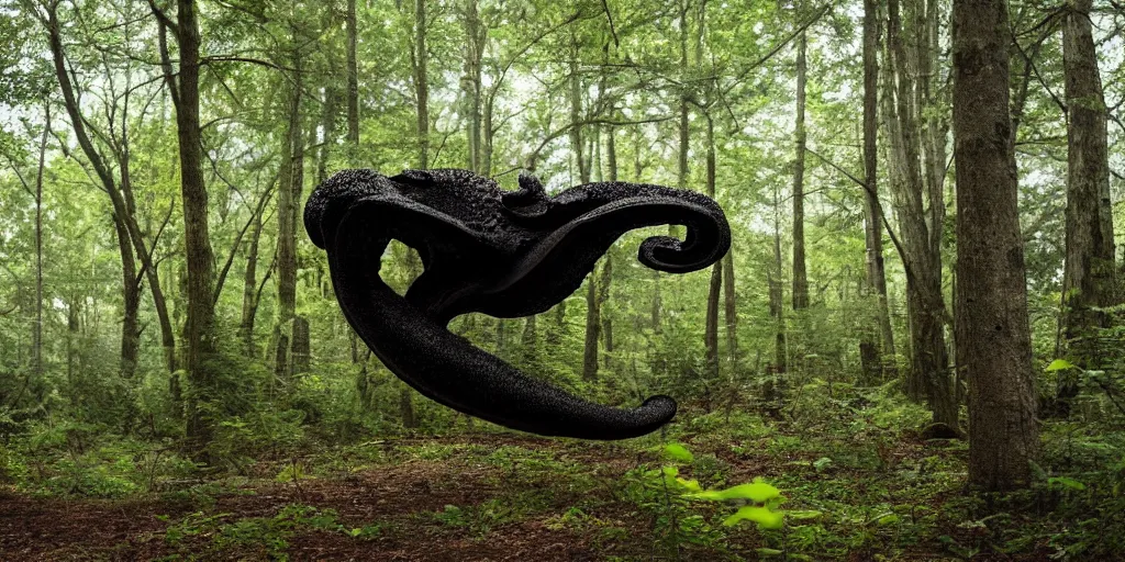 Image similar to a huge black octopus in the middle of a forest, winding around trees, beautiful ambient light, 8k photography