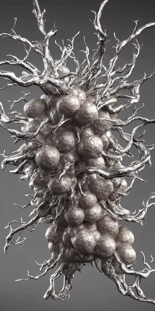 Prompt: 3 d photographic render of a hericium sculpture, chrometype, made of liquid metal, neotribal with thorns and thunders, raytracing, hyper realistic, volumetric lightning, 8 k, by zhelong xu and ouchh studio