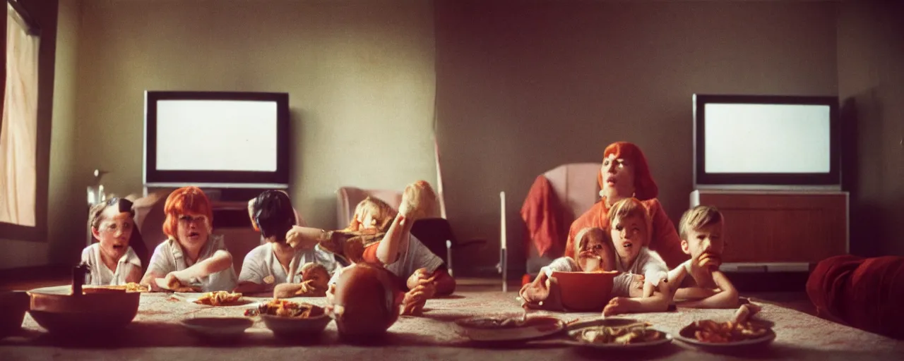 Image similar to a family eating spaghetti watching a tv showing the moon landing, in the style of diane arbus, canon 5 0 mm, wes anderson film, kodachrome, retro