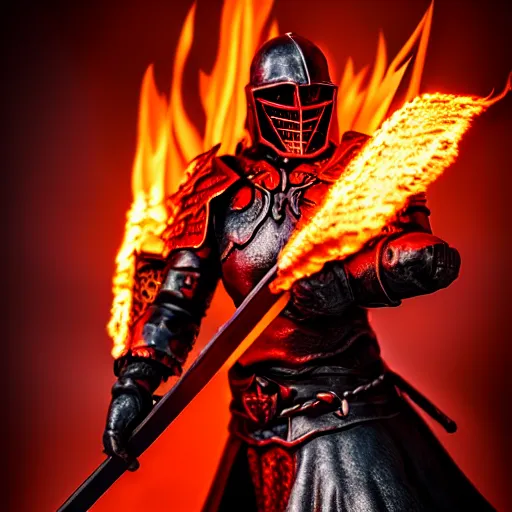 Image similar to hell knight with a flaming sword, highly detailed, 4k, HDR, smooth, sharp focus, hyper realistic, high resolution