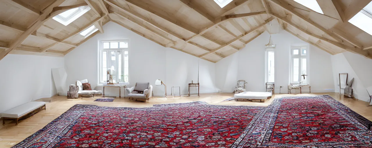 Image similar to low ceiling attic, white painted ceiling, with 2 rectangular skylights opposing each other, with a large square skylight in the back right corner of the room, with exquisite turkish and persian rugs, polished plywood floor, XF IQ4, 150MP, 50mm, F1.4, ISO 200, 1/160s, natural light
