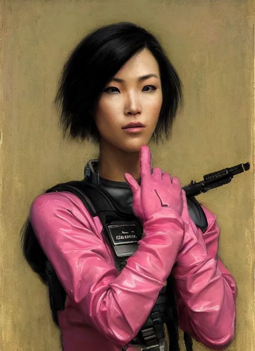 Image similar to Nikki tanaka. beautiful cyberpunk female USN marine wearing a military vest and a pink tactical catsuit (cyberpunk 2077, bladerunner 2049). gorgeous face. Iranian orientalist portrait by john william waterhouse and Edwin Longsden Long and Theodore Ralli and Nasreddine Dinet, oil on canvas. Cinematic, hyper realism, realistic proportions, dramatic lighting, high detail 4k