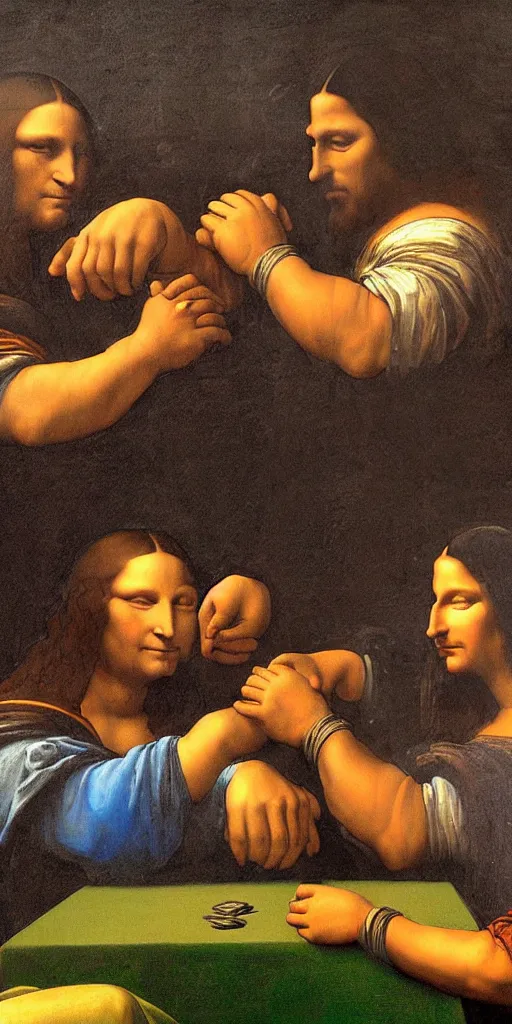 Image similar to mona lisa arm wrestling the Hulk . Leonardo da vinci . oil painting .