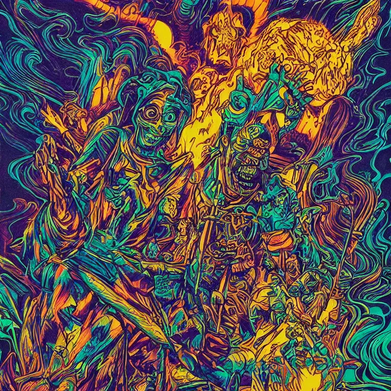 Image similar to beautiful colorful hyperrealist highly detailed psychedelic blacklight poster'zombie ghostbuster ', psychedelic art nouveau, beautiful high contrast colored wood engraving, moebius comic style, shocking detail trending on artstation 8 k