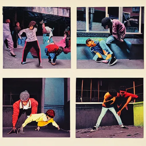 Prompt: four breakdancers battling in the bronx in 1984, by Andy Warhol, gritty, energetic, Moody lightning, trending on artstation