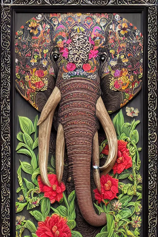 Image similar to Painted dark-wood panel relief carving of a close up of a Flowerpunk Matriarch Elephant, ornate border frame, explosion of colorful flowers, dark wood, intricately carved, black ink, festival of rich colors, intricate details, cinematic lighting, volumetric lighting, post-processing, art nouveau, tarot, by andreas rocha and john howe, and Martin Johnson Heade, featured on artstation, featured on behance, golden ratio, hyper detailed, photorealistic, epic composition, center spotlight, f32, well composed, symmetrical, UE5, 8k