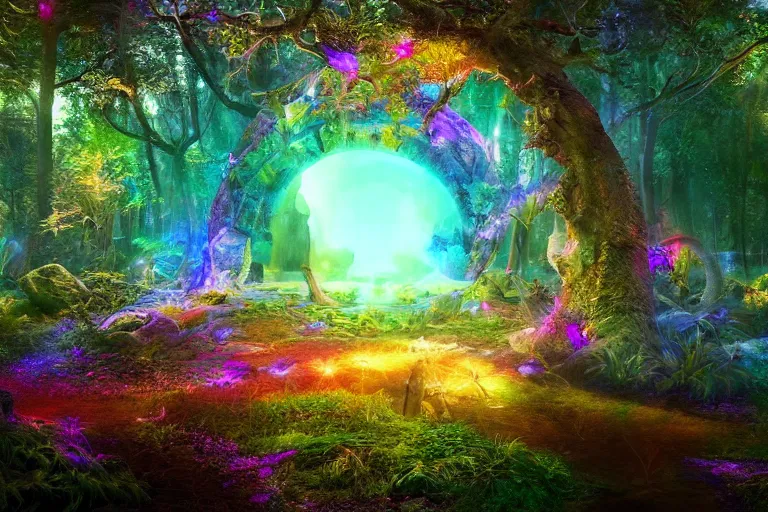 Image similar to a cosmic portal in an enchanted fantasy forest. colorful. cinematic lighting. photorealism.