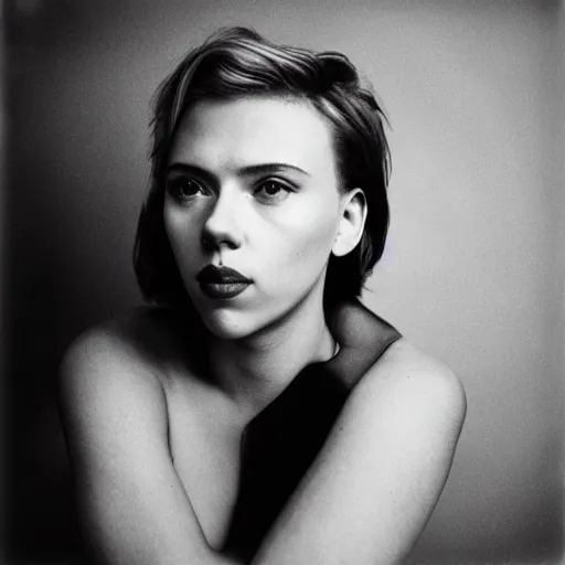 Image similar to photo of Scarlett Johansson by Diane Arbus, black and white, high contrast, Rolleiflex, 55mm f/4 lens